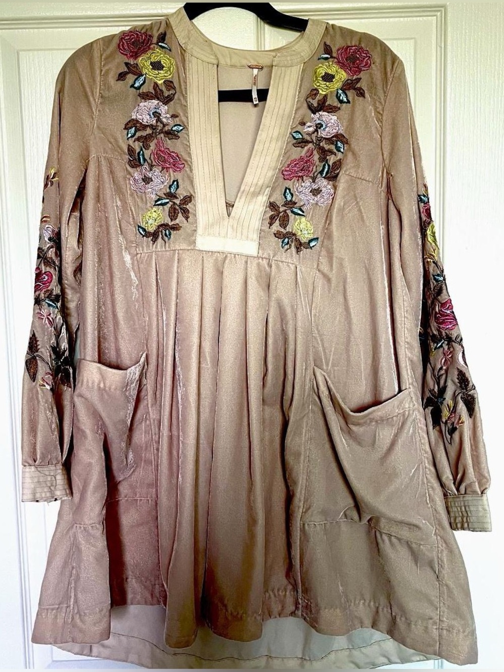 Free People Embroidered Floral Taupe Tunic Dress